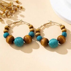 Turquoise and Brown Beaded Hoop Earrings by